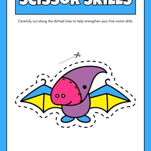 Puede incluir: Una hoja de actividades de habilidades con tijeras con una ilustraci&oacute;n de un murci&eacute;lago de dibujos animados. La hoja presenta el texto "SCISSOR SKILLS" en un cuadro azul e instrucciones para cortar a lo largo de las l&iacute;neas de puntos. El murci&eacute;lago es morado, rosa, amarillo y azul.