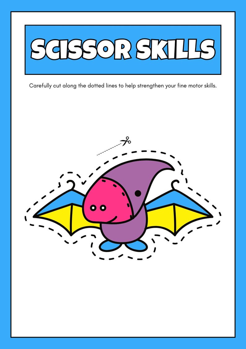 Puede incluir: Una hoja de actividades de habilidades con tijeras con una ilustraci&oacute;n de un murci&eacute;lago de dibujos animados. La hoja presenta el texto "SCISSOR SKILLS" en un cuadro azul e instrucciones para cortar a lo largo de las l&iacute;neas de puntos. El murci&eacute;lago es morado, rosa, amarillo y azul.