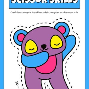 Puede incluir: Una hoja de actividades imprimible con una ilustraci&oacute;n de un oso de dibujos animados. El texto "SCISSOR SKILLS" est&aacute; en la parte superior, con instrucciones para cortar a lo largo de las l&iacute;neas punteadas. El oso es morado, azul, rosa y amarillo.