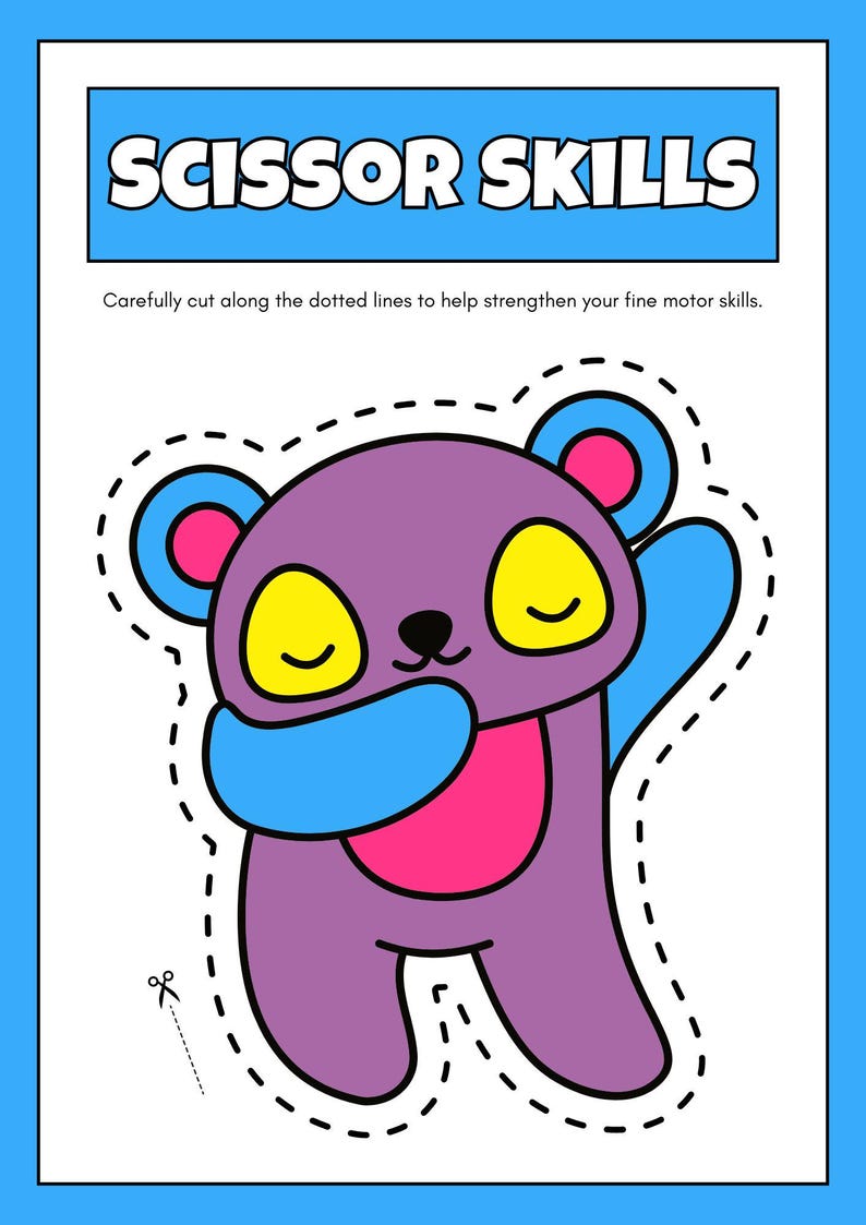 Puede incluir: Una hoja de actividades imprimible con una ilustraci&oacute;n de un oso de dibujos animados. El texto "SCISSOR SKILLS" est&aacute; en la parte superior, con instrucciones para cortar a lo largo de las l&iacute;neas punteadas. El oso es morado, azul, rosa y amarillo.