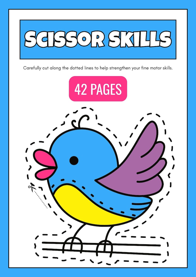 Puede incluir: Un libro de actividades para ni&ntilde;os con un borde azul y las palabras "SCISSOR SKILLS". El libro presenta una ilustraci&oacute;n de un p&aacute;jaro colorido con l&iacute;neas punteadas para practicar el corte. El texto dice "42 PAGES".