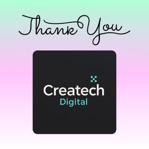 Puede incluir: Gr&aacute;fico digital con un fondo degradado rosa y verde. Las palabras "Thank You" est&aacute;n escritas en cursiva en la parte superior. Debajo hay un cuadrado negro con las palabras "Createch Digital" en blanco y turquesa.