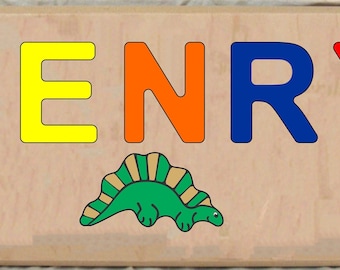 Quebra-cabeça personalizado com nome: Tema de dinossauro, brinquedo educativo de madeira
