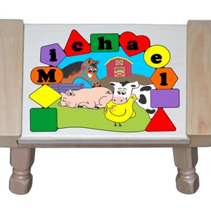 Personalized Name Puzzle Step Stool Primary Farm Theme (Cow Pig Chicken Horse) - Educational toy for preschool toddlers learning their name