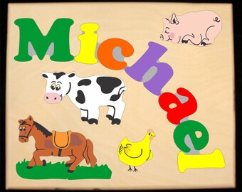 Custom Name Puzzle, Farm Animal Theme, Educational Toy