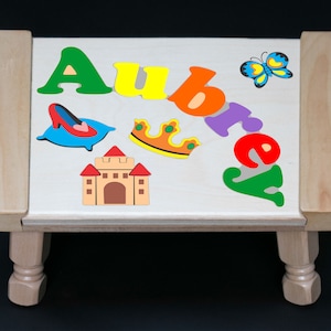 Custom Name Puzzle Princess Theme Primary Step Stool.  An educational toy puzzle stool for preschool toddler children to learn their name.