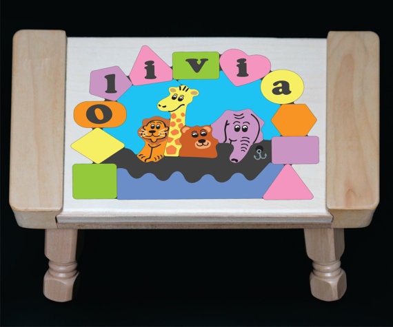 Personalized Name Puzzle Stool Noah s Ark Animals Pastel giraffe