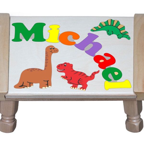 Custom Name Puzzle Dinosaurs Theme Puzzle Step Stool - An educational toy for preschool toddler kid children to learn their name and colors.