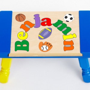 Custom Name Puzzle Sports Theme Puzzle Step Stool...Educational puzzle stool for a preschool toddler children to learn their name & colors. Blue