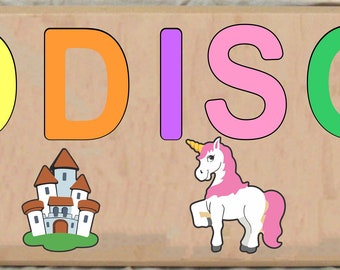 Custom Long Board Name Puzzle Unicorn Rainbow Castle Theme - Educational puzzle for preschool toddler children to learn their name & colors.