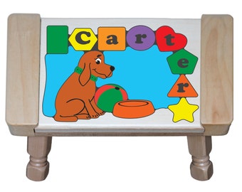 Personalized Name Puzzle Stool Dog Poppy Theme - An educational toy puzzle preschool toddler children learning their name, shapes & colors.