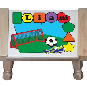 Personalized Name Puzzle Soccer Sports Theme Stool - An educational toy for preschool toddler children learn their name, shapes and colors.