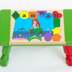 Personalized Name Puzzle Stool Mermaid Fish Theme Primary. Educational toy teaching your preschool toddler children shapes colors & name Green