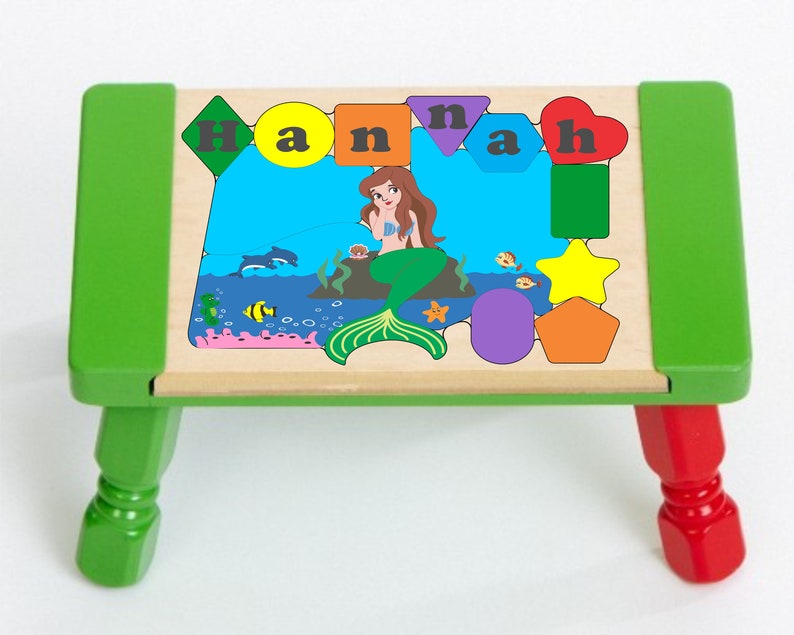 Personalized Name Puzzle Stool Mermaid Fish Theme Primary. Educational toy teaching your preschool toddler children shapes colors & name Green