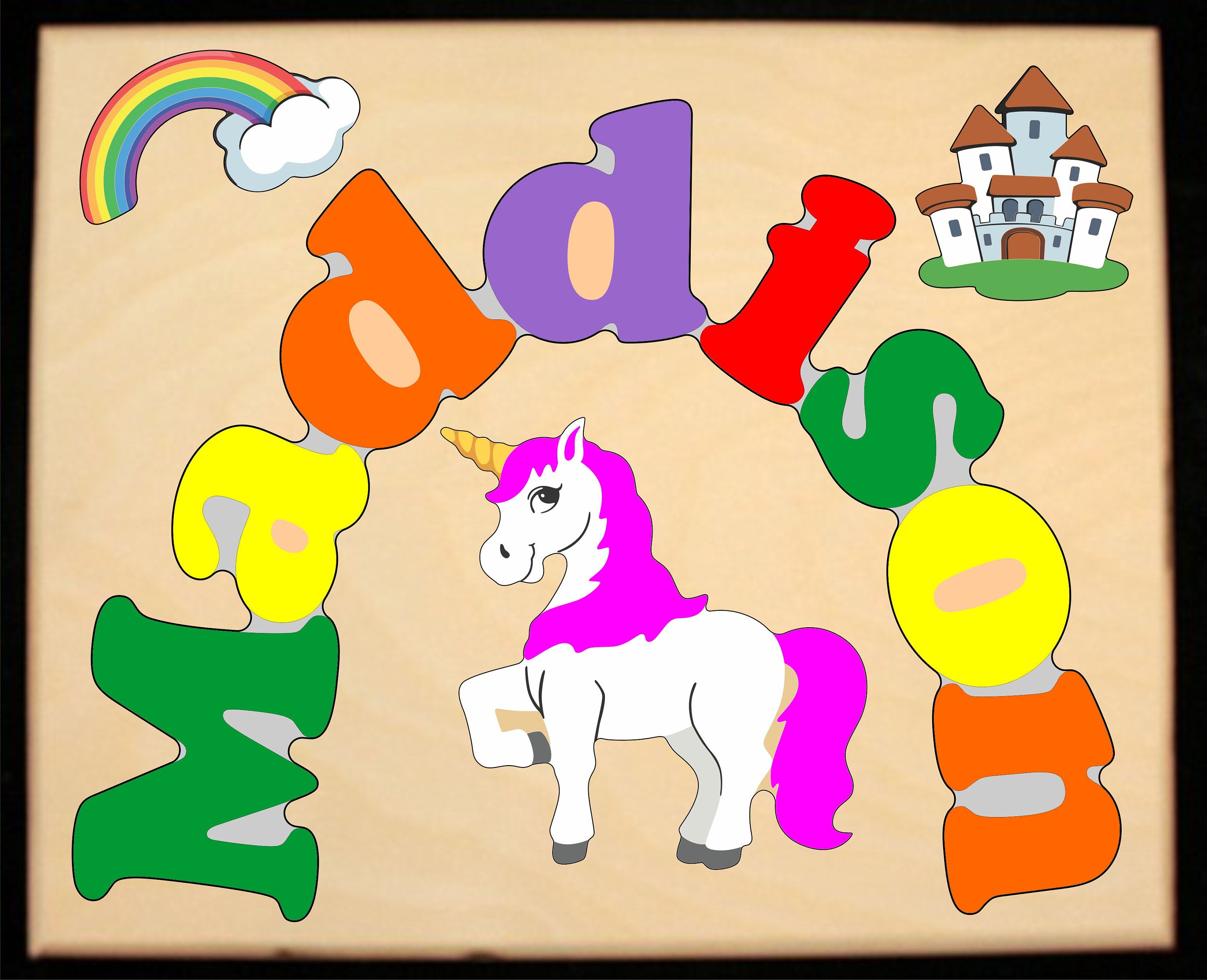 Primary or Pastel Handmade Personalized Name Unicorn Theme Puzzle 