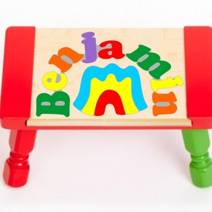 Custom Name Primary Rainbow Puzzle Stool Personalized educational toy puzzle for preschool toddler children learning their name & colors. Red