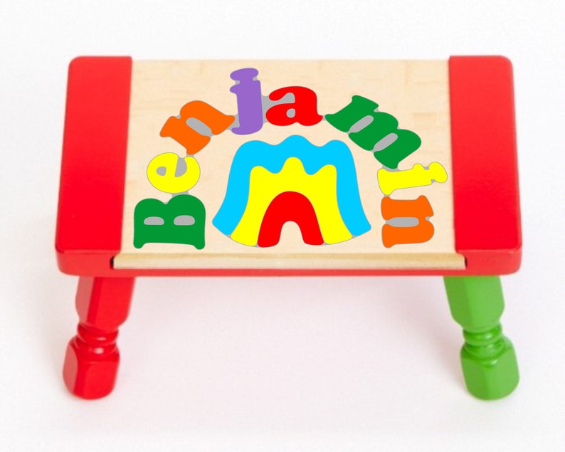 Custom Name Primary Rainbow Puzzle Stool Personalized educational toy puzzle for preschool toddler children learning their name & colors. Red