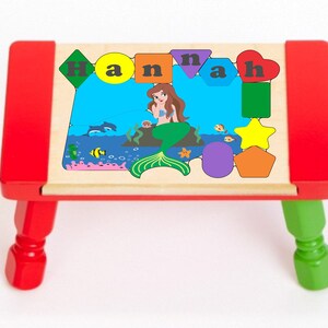 Personalized Name Puzzle Stool Mermaid Fish Theme Primary. Educational toy teaching your preschool toddler children shapes colors & name Red