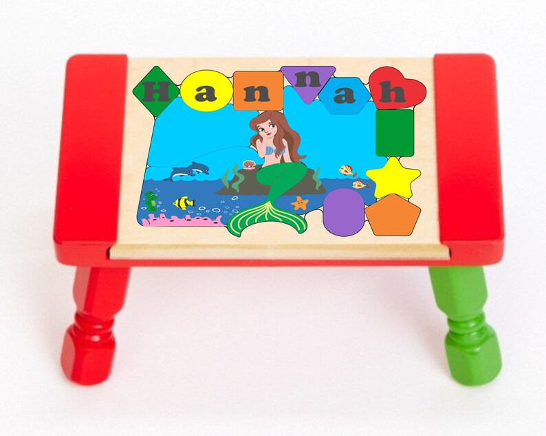 Personalized Name Puzzle Stool Mermaid Fish Theme Primary. Educational toy teaching your preschool toddler children shapes colors & name Red