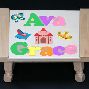 Custom 2 Name Puzzle Step Stool Princess Theme - Pastel - An educational toy puzzle for preschool toddler children to learn their 2 names.