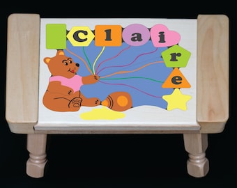 Personalized Name Puzzle Step Stool, Bear Theme, Educational Toy, Wooden Keepsake