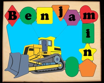 Personalized Name Puzzle Construction Bulldozer Theme - An educational toy puzzle preschool toddler children learn shapes, colors and name.