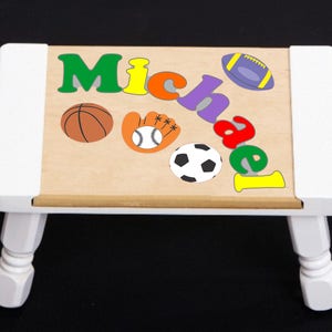 Custom Name Puzzle Sports Theme Puzzle Step Stool...Educational puzzle stool for a preschool toddler children to learn their name & colors. White