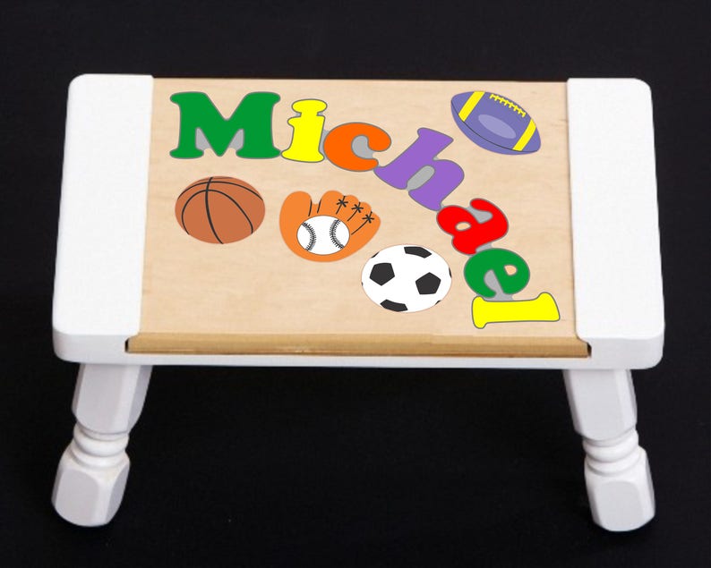 Custom Name Puzzle Sports Theme Puzzle Step Stool...Educational puzzle stool for a preschool toddler children to learn their name & colors. White