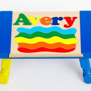 Custom Name Primary Rainbow Puzzle Stool Personalized educational toy puzzle for preschool toddler children learning their name & colors. Blue