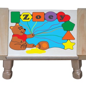 Personalized Name Puzzle Primary Honey Bear Children Stool.  Learning shapes, colors & name is so educational for a preschool toddler child!