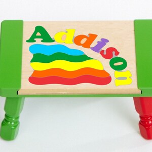 Custom Name Primary Rainbow Puzzle Stool Personalized educational toy puzzle for preschool toddler children learning their name & colors. Green