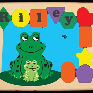 Personalized Name Puzzle Frog Theme.  Educational toy puzzle to leap into teaching your preschool toddler child their name, shapes & colors.