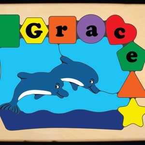 Personalized Name Puzzle Dolphin Fish Sea World Theme. Kids learning shapes, colors & name is educational for preschool toddler children.