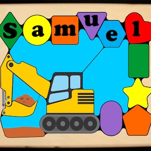 Personalized Name Puzzle Construction Excavator Digger Theme.  Educational toy for preschool toddler children learning shapes colors & name.