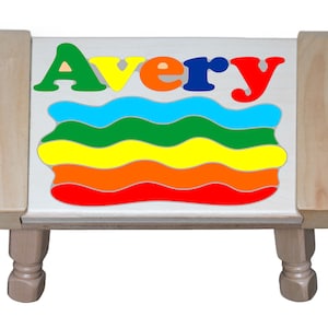 Custom Name Primary Rainbow Puzzle Stool Personalized educational toy puzzle for preschool toddler children learning their name & colors. Natural Maple Wood