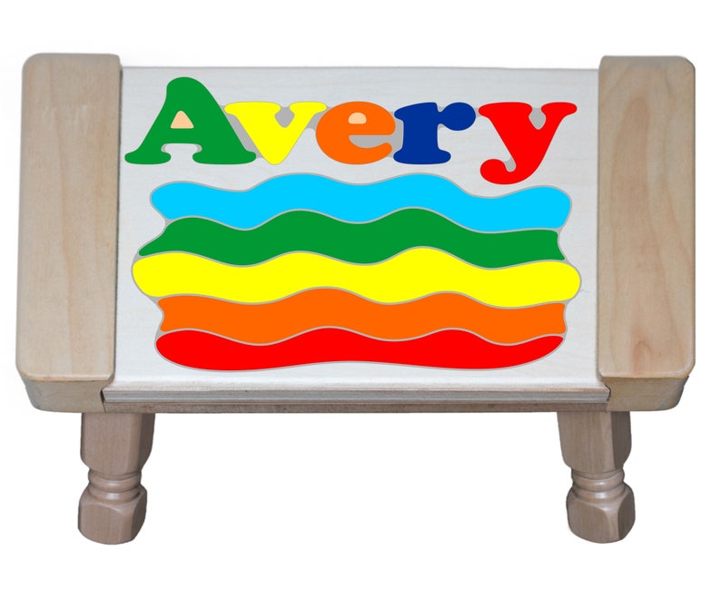 Custom Name Primary Rainbow Puzzle Stool Personalized educational toy puzzle for preschool toddler children learning their name & colors. Natural Maple Wood