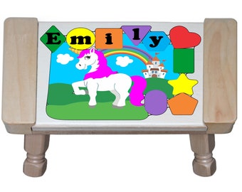 Personalized Unicorn Name Puzzle Stool: Educational Wooden Toy for Toddlers