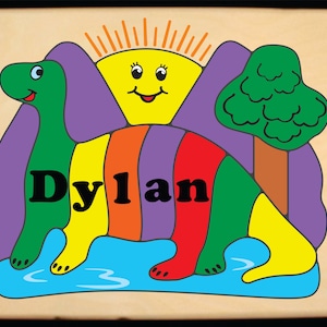 Personalized Name Puzzle Dinosaur Sun Theme.  An educational puzzle for preschool toddler children learning their name, colors and shapes.