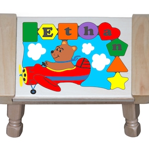 Personalized Name Puzzle Step Stool Airplane Bear Theme. What fun for your children flying high in the clouds learning shapes, colors & name