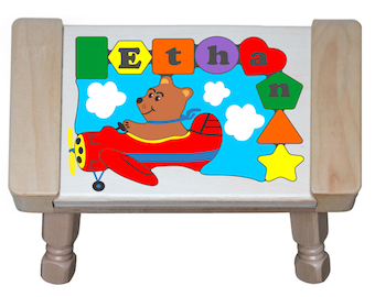 Personalized Name Puzzle Stool, Airplane Bear Theme, Educational Learning Toy