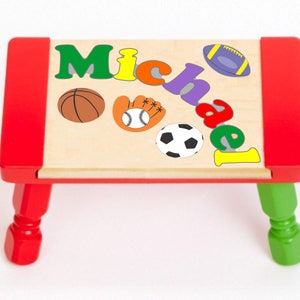 Custom Name Puzzle Sports Theme Puzzle Step Stool...Educational puzzle stool for a preschool toddler children to learn their name & colors. Red