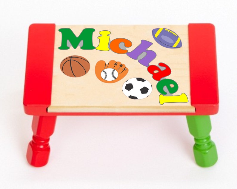 Custom Name Puzzle Sports Theme Puzzle Step Stool...Educational puzzle stool for a preschool toddler children to learn their name & colors. Red