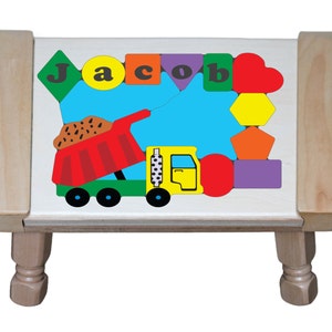 Personalized Name Puzzle Step Stool Dump Truck Construction Theme. Teaching a preschool toddler children shapes colors & name is educational