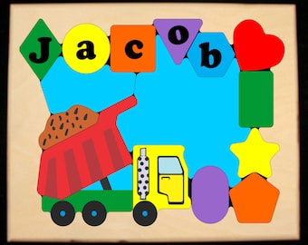 Personalized Name Puzzle Dump Truck Construction Theme.  A toy puzzle for preschool toddler, kids, children learning shapes, colors & name.