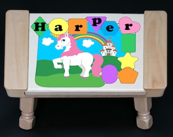 Personalized Unicorn Puzzle Stool, Pastel Name Stool, Wooden Toy
