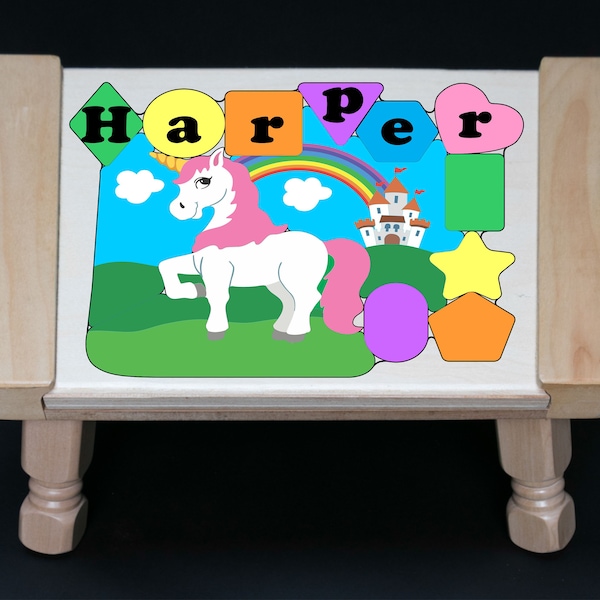 Personalized Name Puzzle Stool Unicorn Theme Pastel...An educational toy puzzle teaching your preschool toddler children shapes colors name!