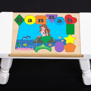 Personalized Name Puzzle Stool Mermaid Fish Theme Primary. Educational toy teaching your preschool toddler children shapes colors & name image 6