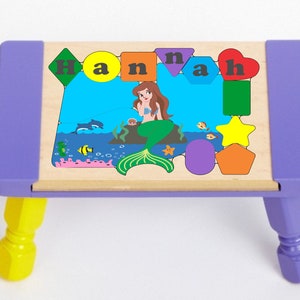 Personalized Name Puzzle Stool Mermaid Fish Theme Primary. Educational toy teaching your preschool toddler children shapes colors & name image 2