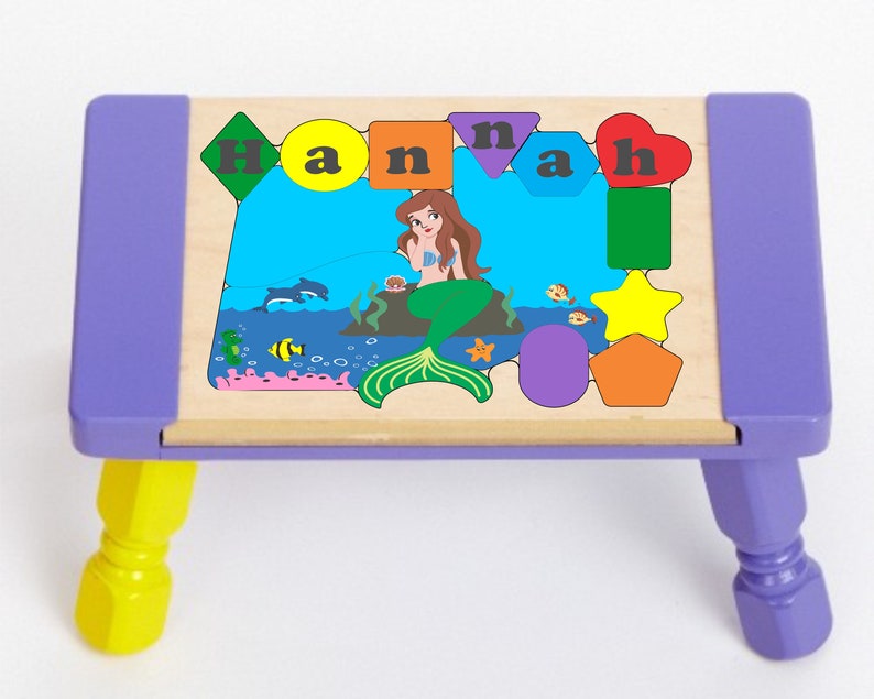 Personalized Name Puzzle Stool Mermaid Fish Theme Primary. Educational toy teaching your preschool toddler children shapes colors & name image 2