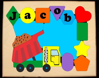 Personalized Name Puzzle Dump Truck Construction Theme.  An educational toy for preschool toddler children to learn shapes, colors & name.